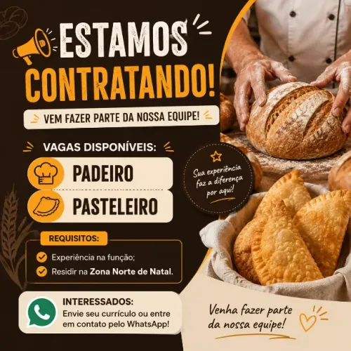 Vaga para padeiro e pasteleiro com experiência