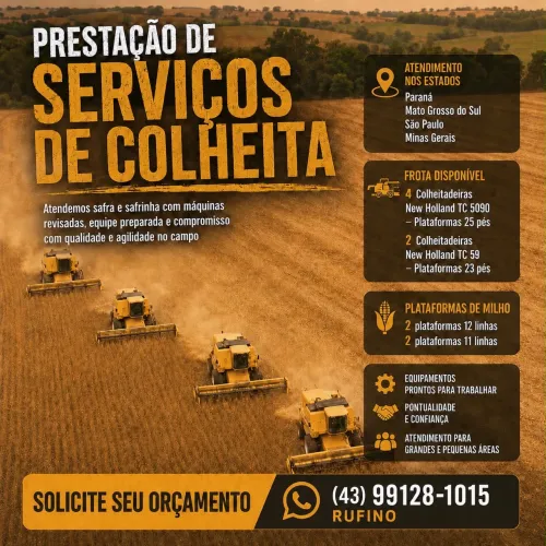 Máquinas disponíveis pra colheita terceirizada