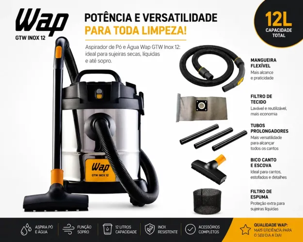 Aspirador de Pó e Água Wap GTW Inox 12 1400W com Bocal de Sopro