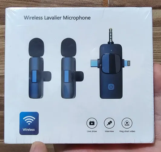 Microfone Lapela Duplo sem Fio. Lighting, P2 e USB-C.