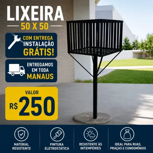 Lixeira quadrada 50 por 50 de calçada com entrega e instalação em toda Manaus