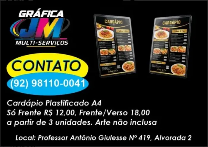 Cardápio Plastificado, tamanho A4