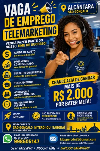 Vaga para telemarketing sem experiência e horário flexivel.