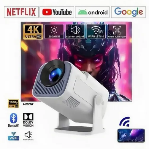Mini Projetor Portátil HY320 Android 13 WiFi 5G Bluetooth 4K 720P Nativo 12000 Lumens 180°