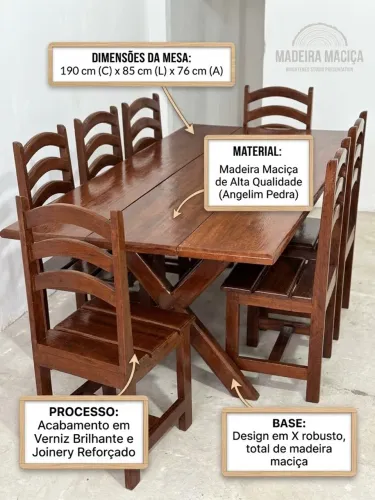 Mesa de Jantar de Madeira Maciça com 8 Cadeiras - Ótimo Estado