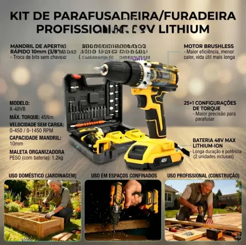 Parafusadeira e furadeira de impacto com função martelete com duas baterias de 48watts