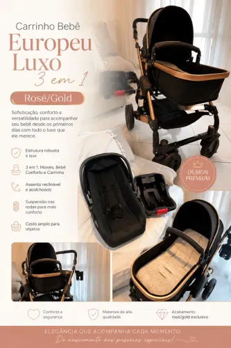 Carrinho Bebê Europeu Luxo 3 em 1 Rosé/Gold