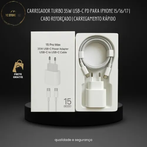 Carregador Turbo 35W USB-C PD para iPhone 15/16/17 | Cabo Reforçado | Carregamento Rápido