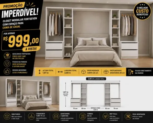 CLOSET CM 4 GAVETAS/2 CABIDEIROS/2 TORRE ESPAÇO PARA CAMA DE CASAL MDF NOVO