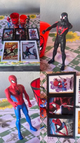 Kit Decoração Homem-Aranha - Bonecos 30cm Peter Parker e Miles Morales + Quadros e Copos