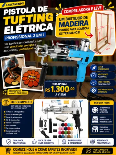 Pistola Tufting Elétrica Profissional 2 em 1 + Kit Completo para Tapetes
