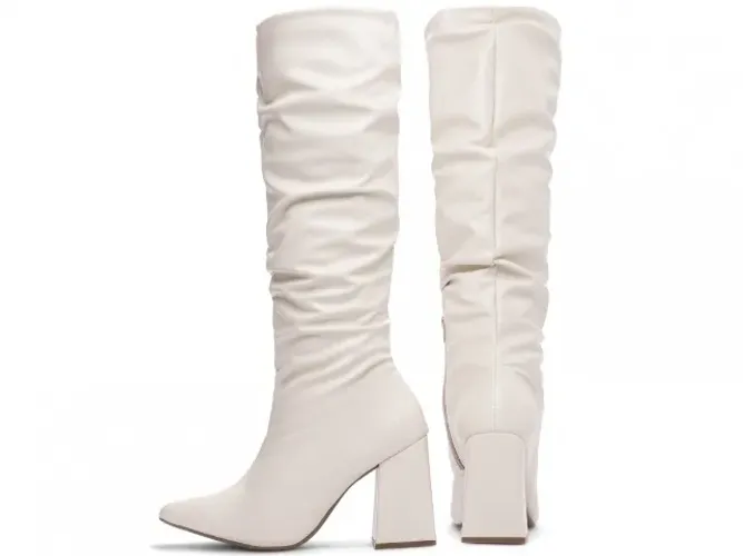 Bota Franzida Feminina Off White Salto Grosso Baixo Cano Longo