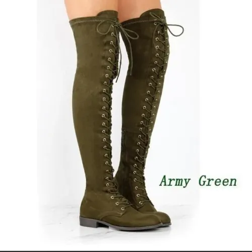 Bota de Cano Alto Acima do Joelho Verde Army Green Tam.37 / 6.5 Salto Baixo