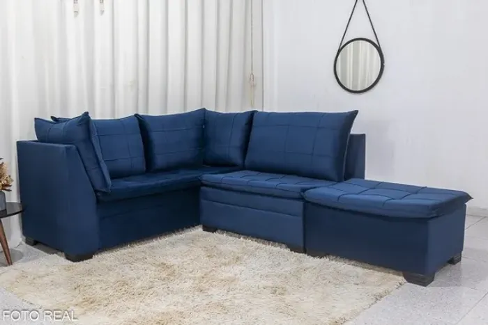 Sofá Canto 5 lugares com Puff Viena Veludo Azul Até 12x - Frete Grátis 