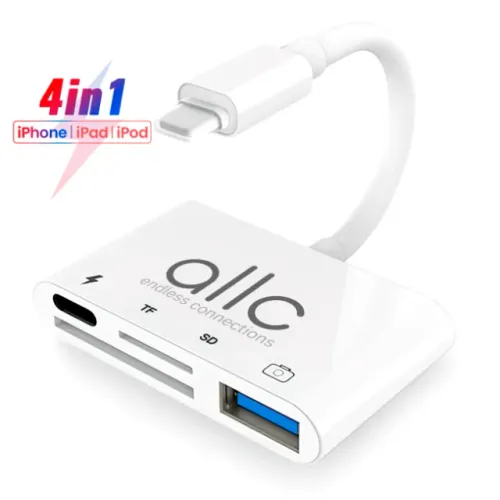 Adaptador Lightning 4 em 1 - Usb Otg Leitor de Cartão SD Micro SD e Carga para iPhone iPad