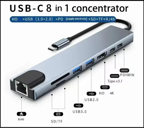 Adaptador Hub USB Tipo C para Macbook, Notebook, 8 em 1