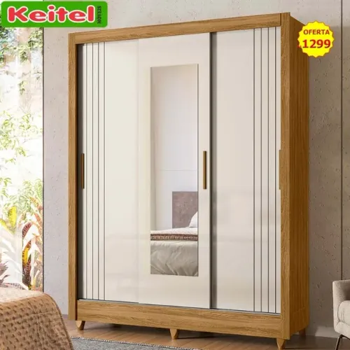 Roupeiro Casal Bolívia 3 Portas de Correr Com Espelho Freijó / Off White