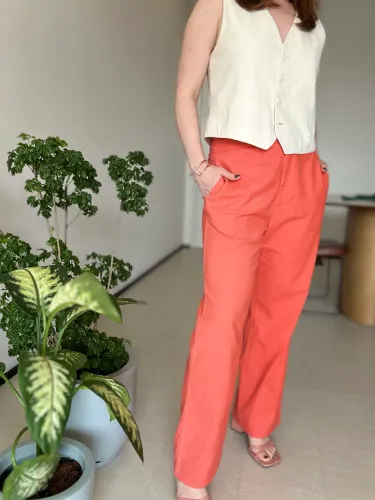 Calça M de Linho Reta Laranja
