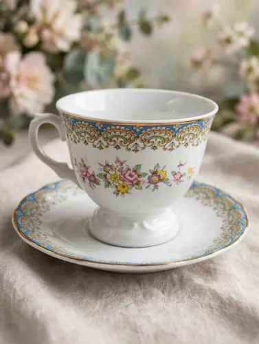 Xicara antiga em porcelana fina com Filete Dourado