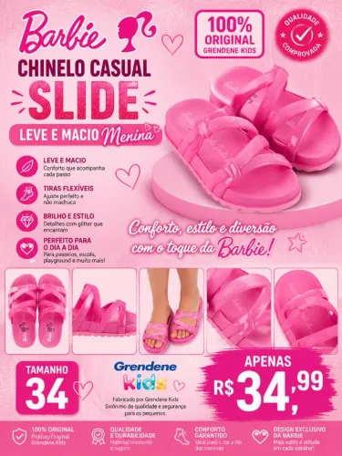 Chinelo Casual Slide Barbie Leve Macio Menina Grendene Kids TAM 34 LACRADA
