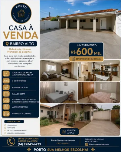 CASA À VENDA | BAIRRO ALTO Próxima ao Ginásio Municipal de Esportes