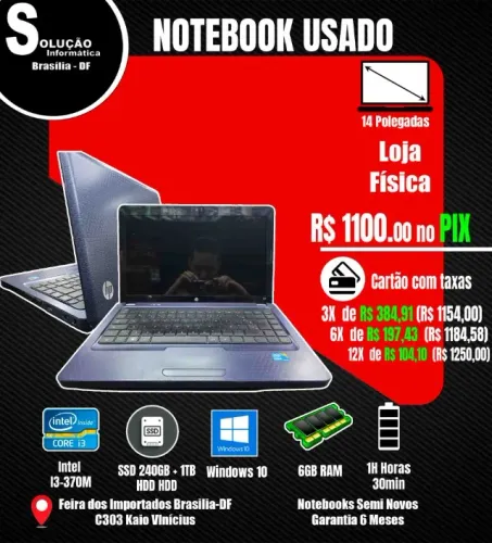 Notebook HP Intel Core I3-M370 6GB RAM SSD 240GB + 1TB HDD Windows 10 14* Polegadas