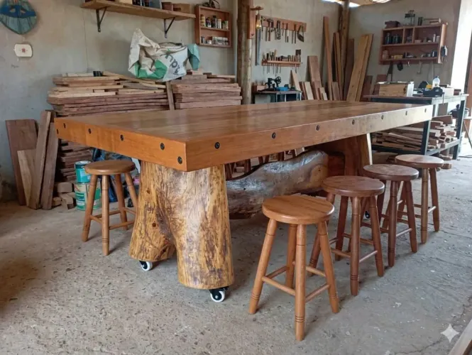 Mesas rústicas com 8 ou 10 banquetas