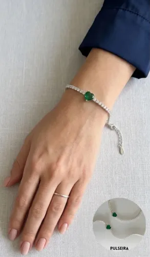 Pulseira feminina Luxo com pedra verde em formato de coração, prata 925