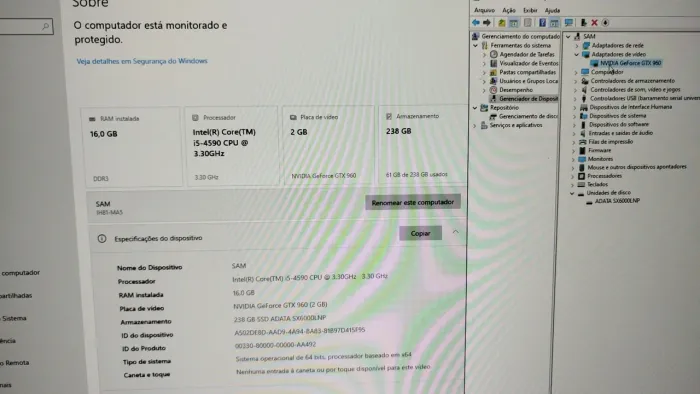 CPU Intel I5 4590. 16Gb Mem. Placa de vídeo NVidia GTX960, Disco M2 240Gb, Fonte 700w plus