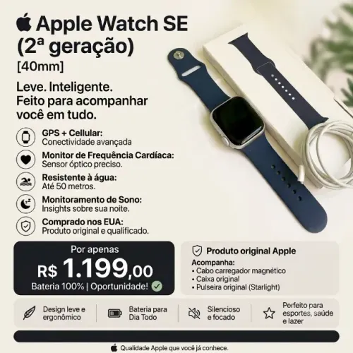 Apple Watch SE (2a Geração) GPS Prata Alumínio 40mm - BATERIA 100% comprado nos EUA