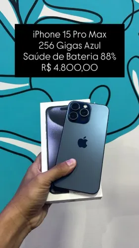 Seminovo: iPhone 15 Pro Max / 256 GB / Azul / Saude de Bateria 88% - Loja Fisica