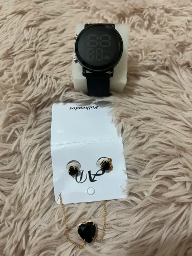 Relógio Digital Feminino Silicone Redondo + brinco+Colar Pingente Strass