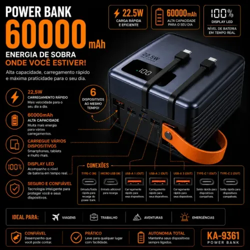 Power Bank Carregador Portátil 60000mAh LED