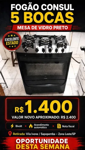 ? Fogão Consul 5 Bocas Mesa de Vidro Preto Bivolt - Excelente Estado!