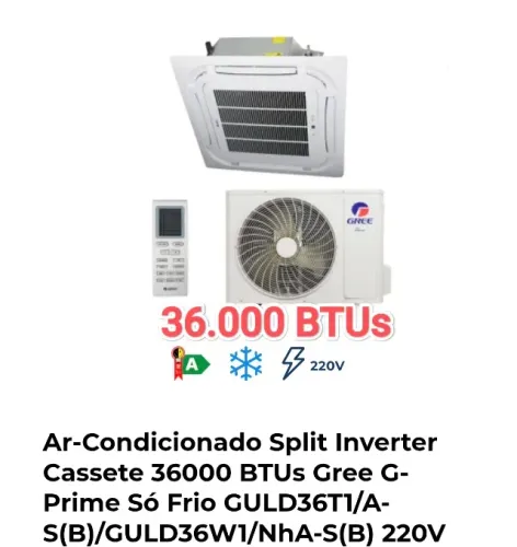 Ar Split Cassete Gree INVERTER 36000 BTUs + Novo + Nota + Garantia + Cartão 12x