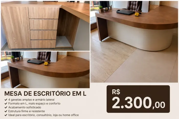 Mesa de Escritório em L com Gaveteiro - R$ 2.500
