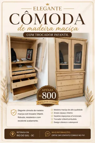 Cômoda de madeira maciça com trocador infantil