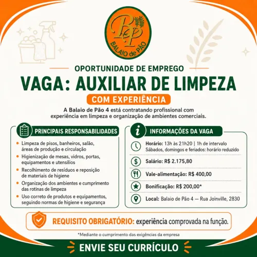 VAGA: AUXILIAR DE LIMPEZA ? COM EXPERIÊNCIA