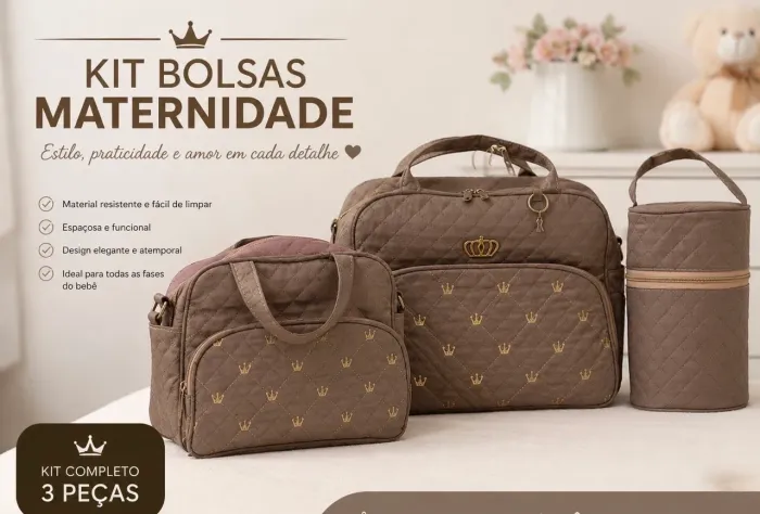 Kit Bolsa Maternidade 3 Peças Marrom - Bolsa Grande + Média + Térmica