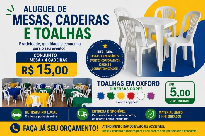 Aluguel de mesas e cadeiras plásticas e Toalhas em Oxford, diversas cores