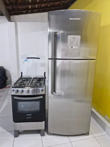 Geladeira frost free dúplex em inox + fogão elétrico em inox
