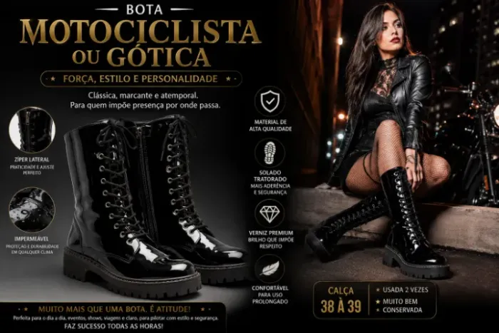 Bota Cano Longo Preta Verniz Tratorada Linda Calça 38 a 39 Zipper Impermeável