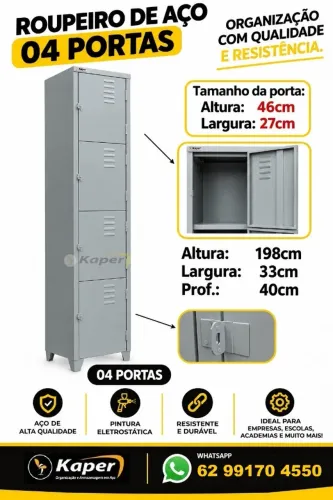 roupeiro de aço 04 portas cinza ( produto novo ) Organize pertences com este armário 