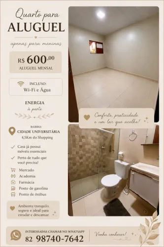 Aluguel de Quarto Feminino Privativo | Cidade Universitária 
