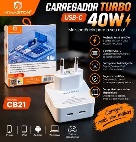 Carregador Turbo H?Maston CB21 40W Dual USB-C PD - 2 Portas