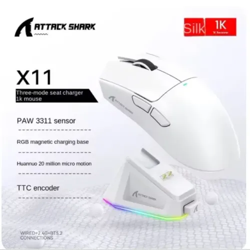 Mouse Gamer X11 Attack Shark Tri Mode 22000dpi Paw3311 Dock Branco