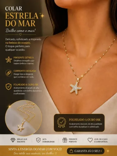 Colar Estrela do Mar Folheado Ouro 18K Pingente Cravejado Feminino