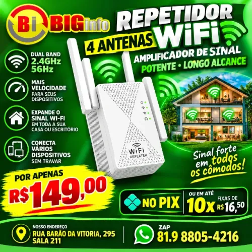 Repetidor WiFi 4 Antenas Amplificador Sinal Potente - E m ate 10x Fixas