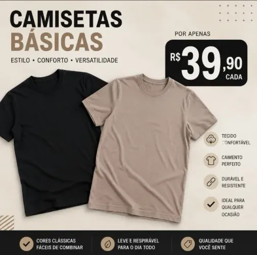 CAMISETAS BÁSICAS EM ALGODÃO  TAMANHO "M" 