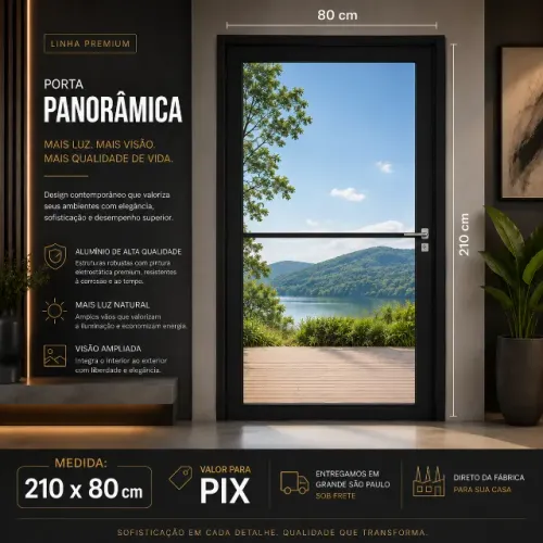 Porta Panorâmica Premium 210x80 em Alumínio Preto | Direto da Fábrica vidro temperado